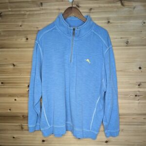 Tommy Bahama Mens XXXL Blue Cotton Tencel Slub Knit Quarter Zip Pullover Sweater